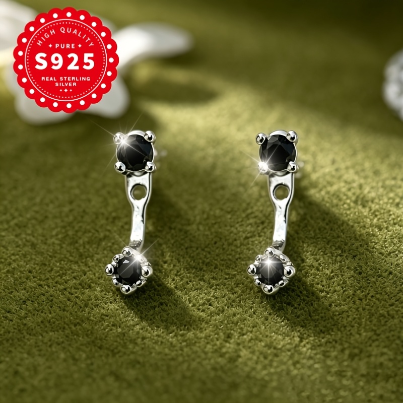 S925 Sterling Silvery Women's Black Double Synthetic Zirconia Drop Earrings